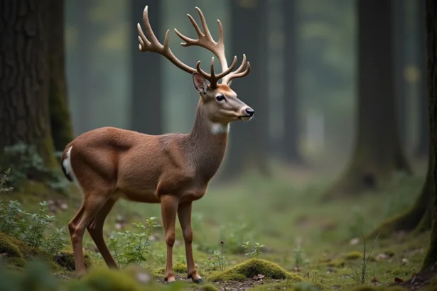 Cerf mâle européen dans la forêt au crépuscule