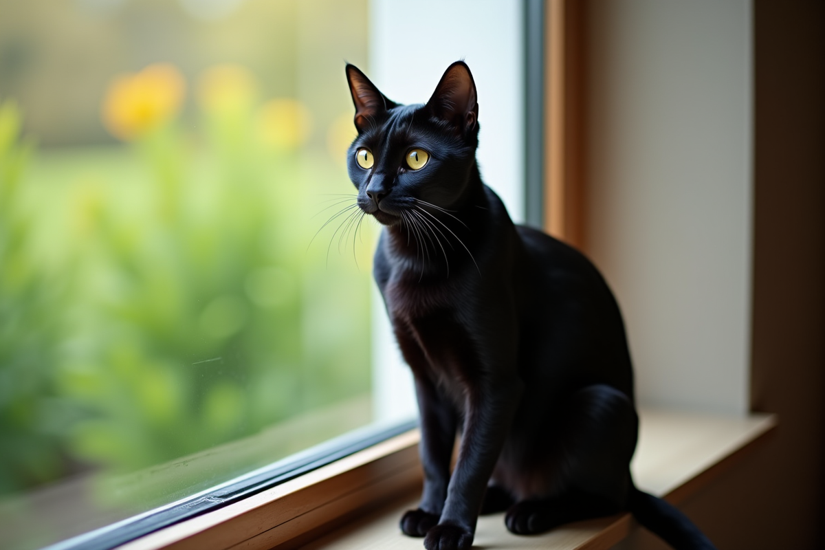 Chat bengal noir aux yeux dorés sur une fenêtre lumineuse