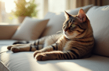 Chat British Shorthair allongé sur un canapé lumineux