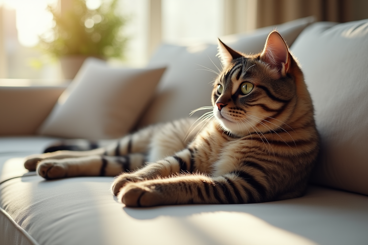 Chat British Shorthair allongé sur un canapé lumineux