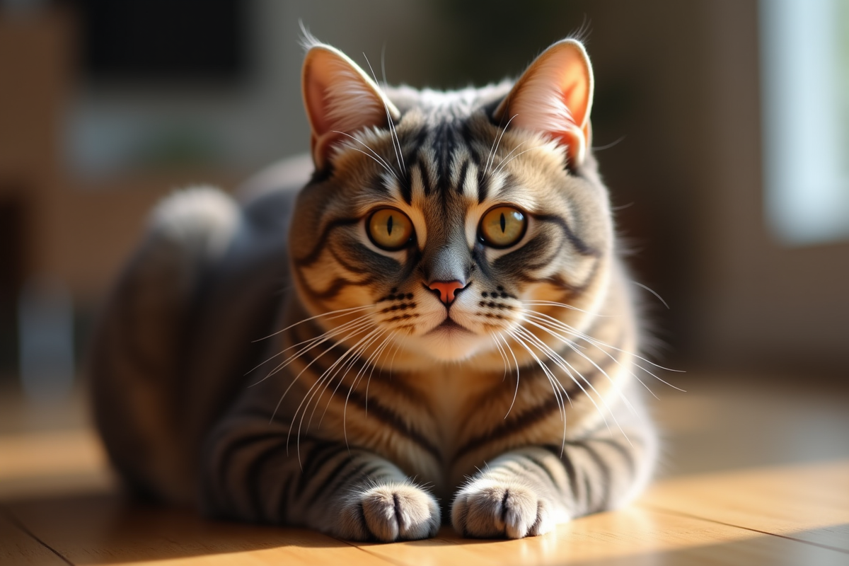Chat British Shorthair assis sur le sol en bois