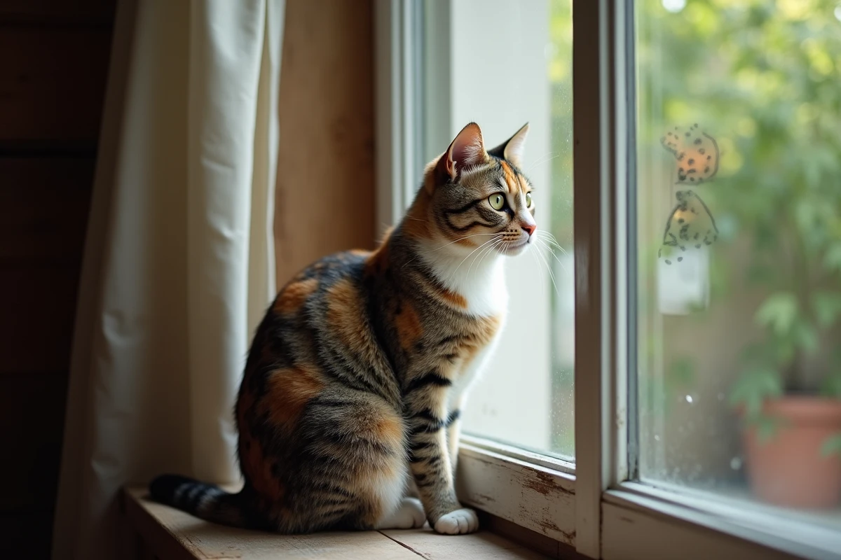 Chat calico observe calmement les oiseaux par la fenetre
