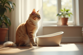 Chat domestique calme près de la litière lumineuse