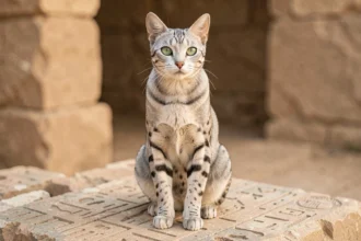 Chat égyptien Mau aux yeux verts assis sur une pierre ancienne gravée de hiéroglyphes