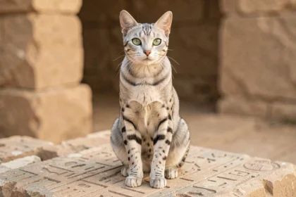 Chat égyptien Mau aux yeux verts assis sur une pierre ancienne gravée de hiéroglyphes