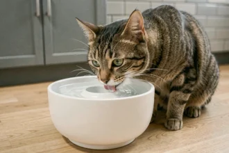 Chat tigré buvant dans une fontaine à eau pour chat en céramique blanche posée sur un parquet en chêne clair