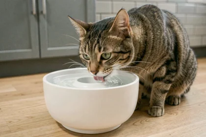 Chat tigré buvant dans une fontaine à eau pour chat en céramique blanche posée sur un parquet en chêne clair