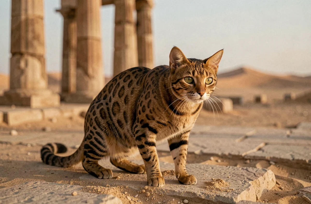 Chat Mau égyptien bronze en posture alerte dans un site archéologique désertique avec colonnes en arrière-plan