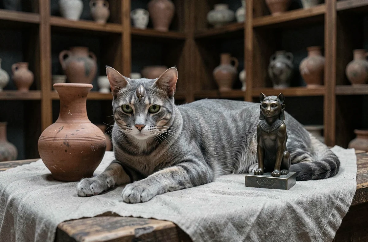 Chat égyptien Mau smoke allongé près d'une statuette de divinité féline et d'une lampe à huile en argile dans un intérieur muséal