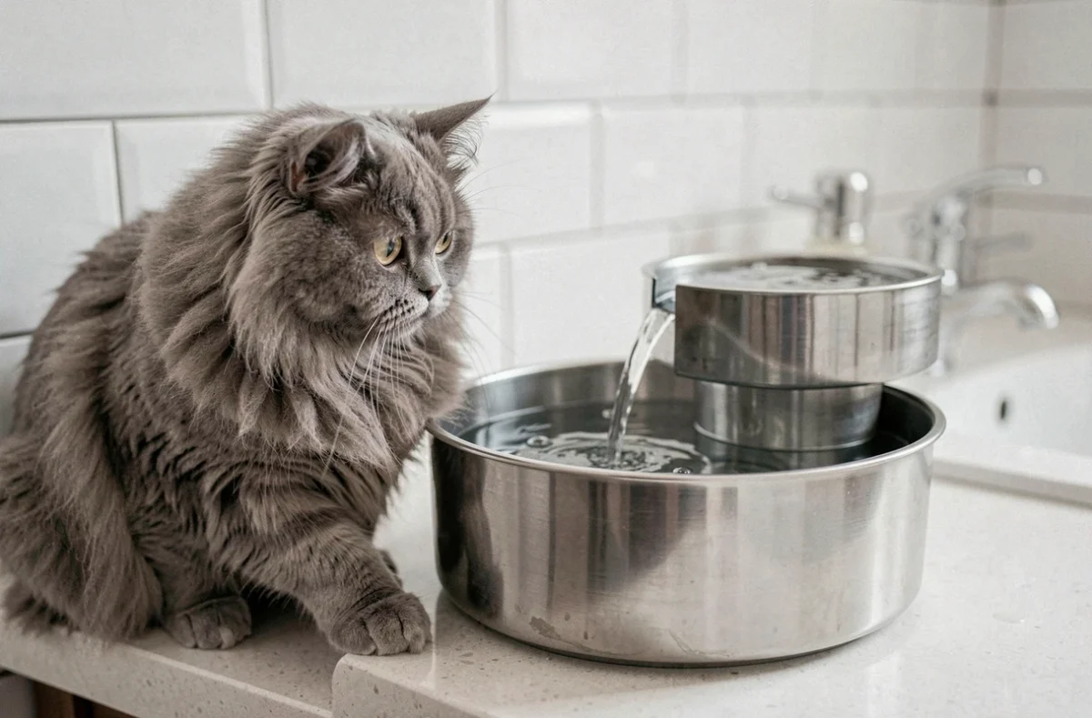 Chat persan gris observant l'écoulement d'une fontaine à eau en inox posée sur le bord d'un lavabo de salle de bain