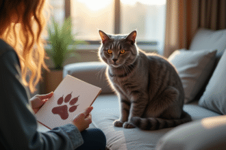 Chat gris senior assis sur un canapé lumineux