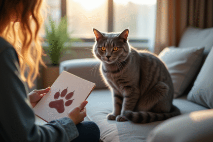 Chat gris senior assis sur un canapé lumineux