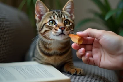 Chat tabby aux pupilles dilatees regarde une plume