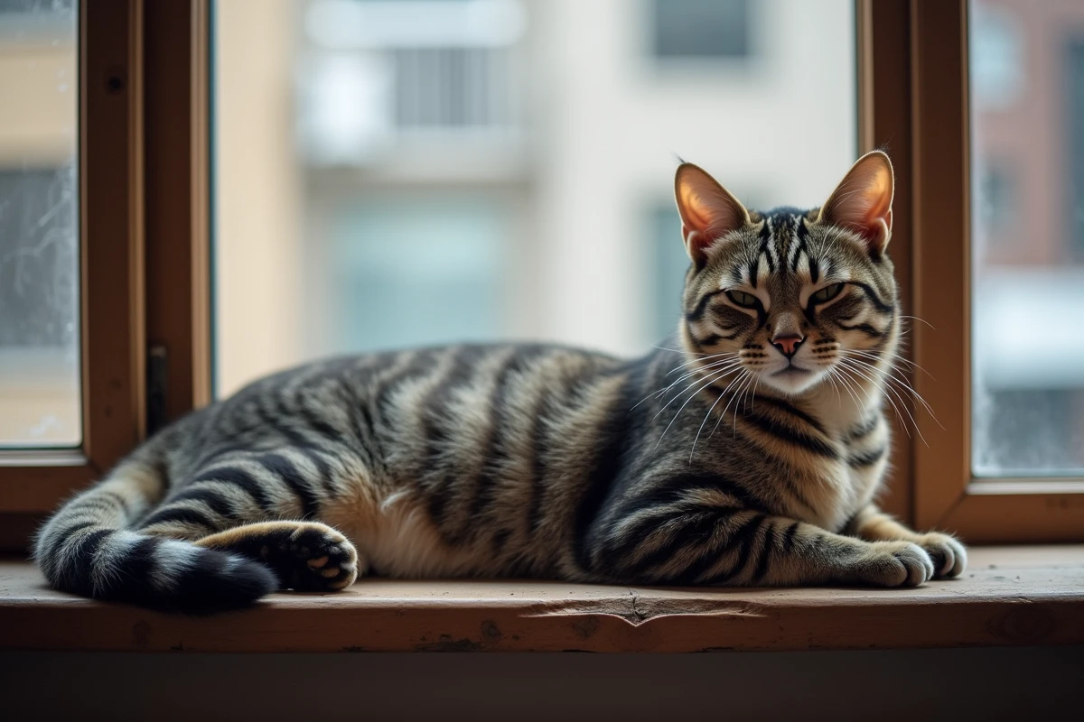 Chat tabby étiré en forme de U sur un rebord de fenêtre en bois patiné, posture naturelle et détendue d'un animal en U