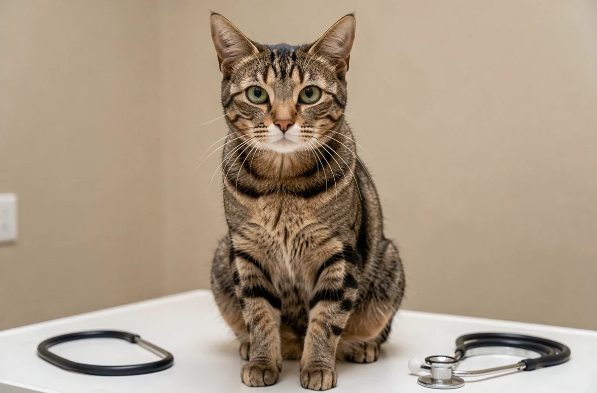 Chat tabby en bonne santé avec un pelage lustré lors d'une visite vétérinaire reflétant les bienfaits de croquettes ultra premium