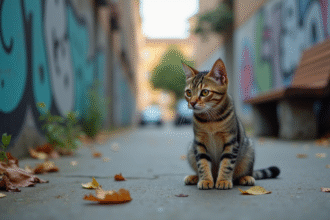 Jeune chat tigré aux yeux ambrés sur le trottoir urbain