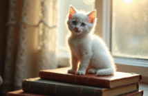 Chaton blanc aux yeux bleus sur des livres anciens
