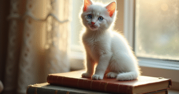 Chaton blanc aux yeux bleus sur des livres anciens
