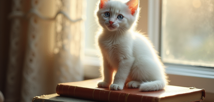 Chaton blanc aux yeux bleus sur des livres anciens