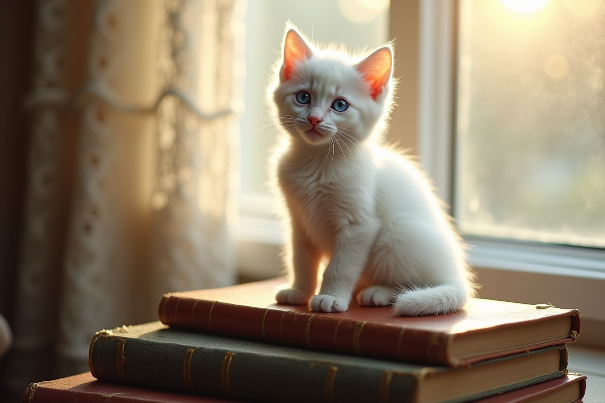 Chaton blanc aux yeux bleus sur des livres anciens