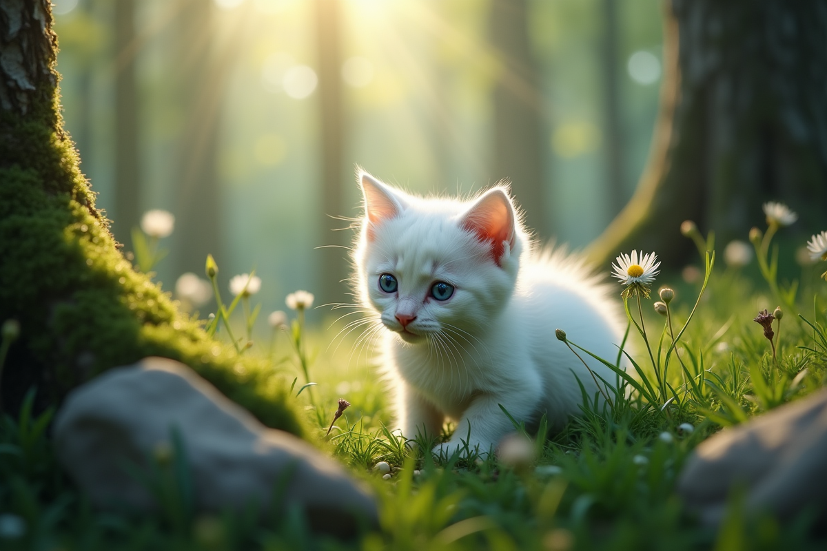 Chaton blanc aux yeux bleus dans une forêt magique