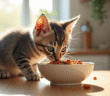 Chaton gris curieux reniflant sa nourriture pour chat