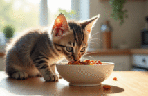 Chaton gris curieux reniflant sa nourriture pour chat