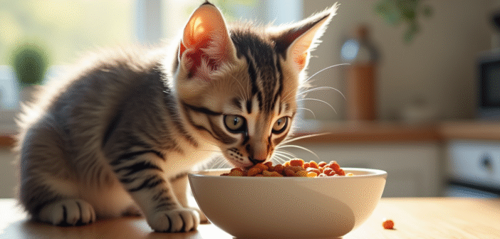 Chaton gris curieux reniflant sa nourriture pour chat