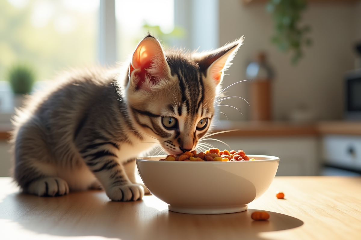 Chaton gris curieux reniflant sa nourriture pour chat