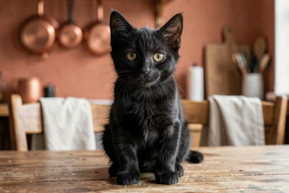 Chaton noir aux yeux ambrés assis sur une table en bois dans une cuisine chaleureuse, regard curieux et expressif