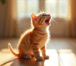 Petit chaton orange assis sur un sol en bois ensoleille