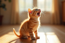 Petit chaton orange assis sur un sol en bois ensoleille