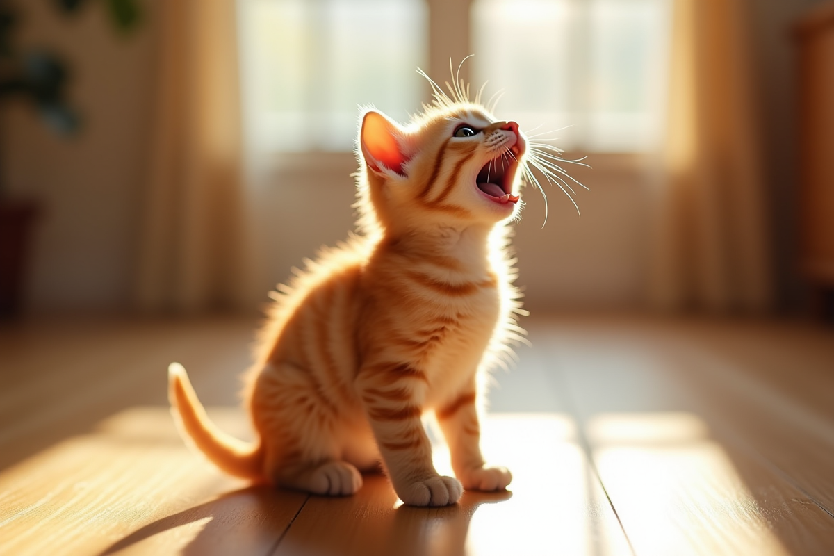 Petit chaton orange assis sur un sol en bois ensoleille