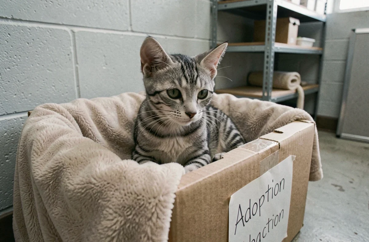 Chaton tigré gris et noir dans une boîte d'adoption en carton dans un refuge animalier, couverture polaire douce