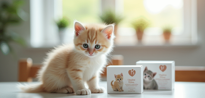 Chaton curieux avec médicaments pour chatons