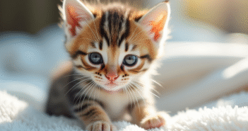 Petit chaton aux yeux larmoyants sur une couverture blanche