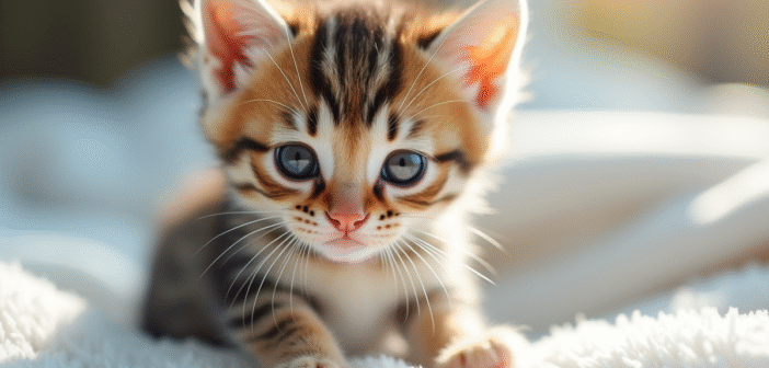 Petit chaton aux yeux larmoyants sur une couverture blanche