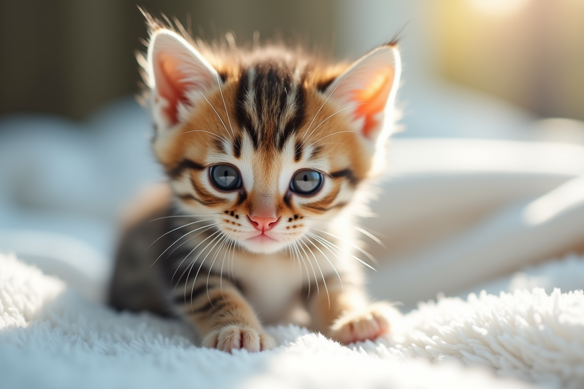 Petit chaton aux yeux larmoyants sur une couverture blanche