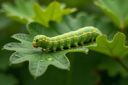 Chenille verte rayée en train de manger une feuille de chêne avec des marques de morsures visibles