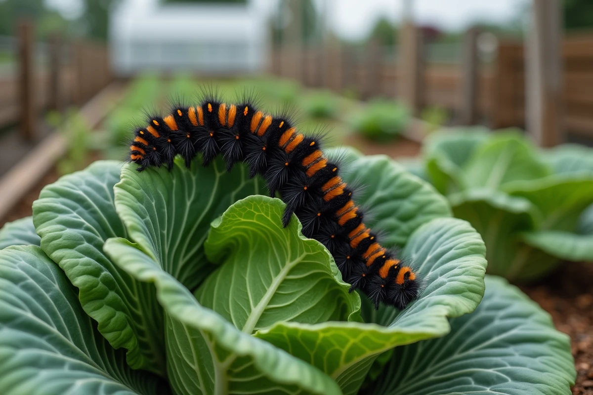 Grosse chenille poilue orange et noire dévorant une feuille de chou dans un potager