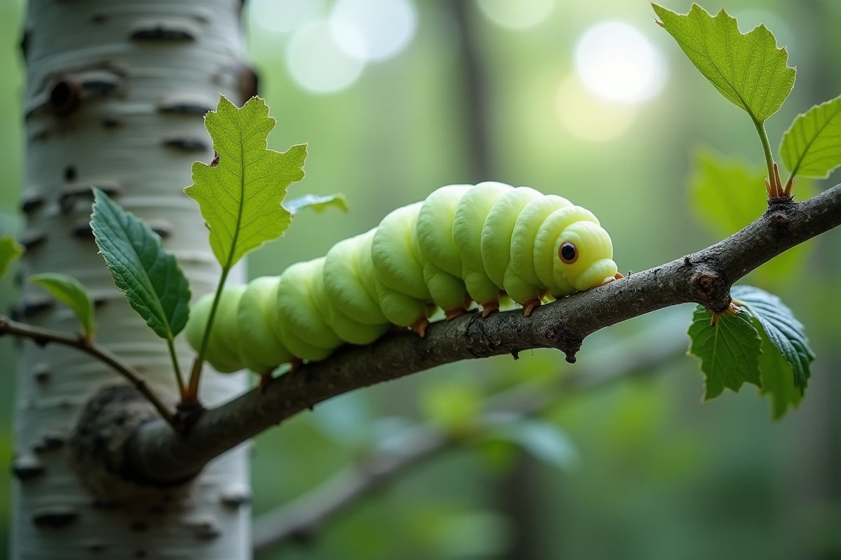Chenille vert pâle en phase voraces sur une branche de bouleau avec feuilles partiellement dévorées en forêt