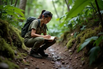 Chercheuse de terrain étudiant des traces d'animaux rares dans une forêt tropicale dense