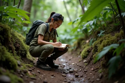 Chercheuse de terrain étudiant des traces d'animaux rares dans une forêt tropicale dense