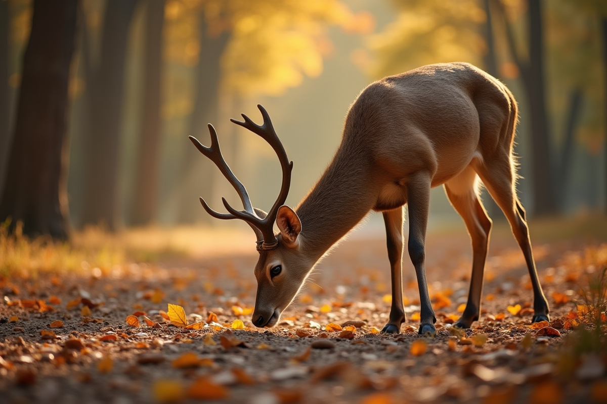 Chevreuil dans une forêt sèche sous le soleil