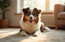 Chien miniature Australian Shepherd allongé sur un tapis en salon lumineux