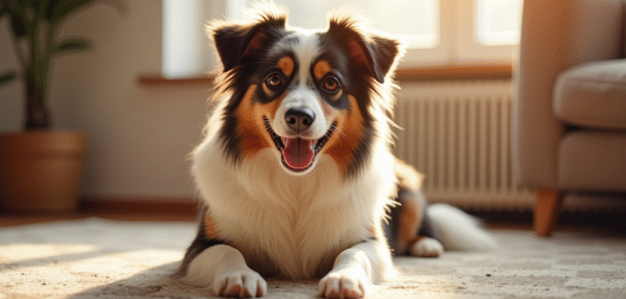 Chien miniature Australian Shepherd allongé sur un tapis en salon lumineux
