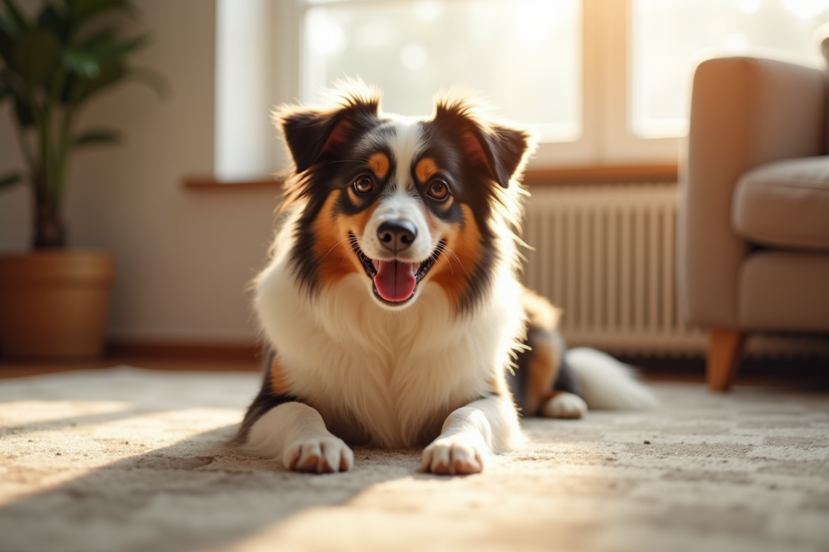 Chien miniature Australian Shepherd allongé sur un tapis en salon lumineux