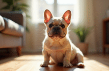 Bulldog français fluffy assis sur un sol en bois en intérieur