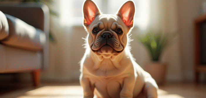 Bulldog français fluffy assis sur un sol en bois en intérieur