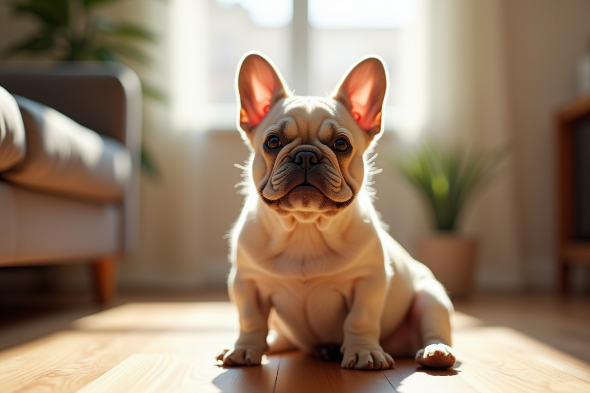 Bulldog français fluffy assis sur un sol en bois en intérieur